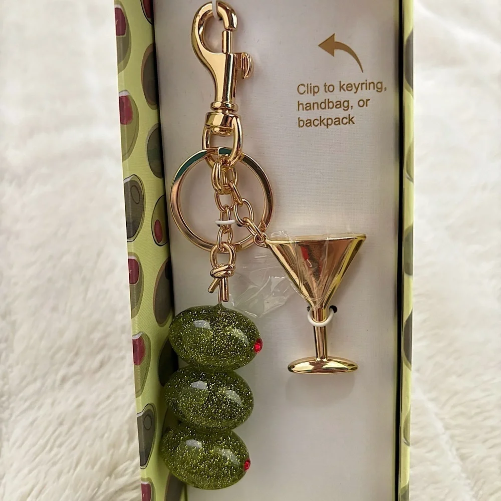 Gold and Green Martini and Glass Stones Olives Keychain Purse Charm